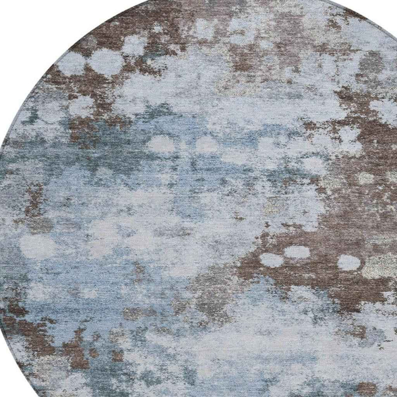 8' Sky Blue And Brown Round Abstract Washable Indoor Outdoor Area Rug