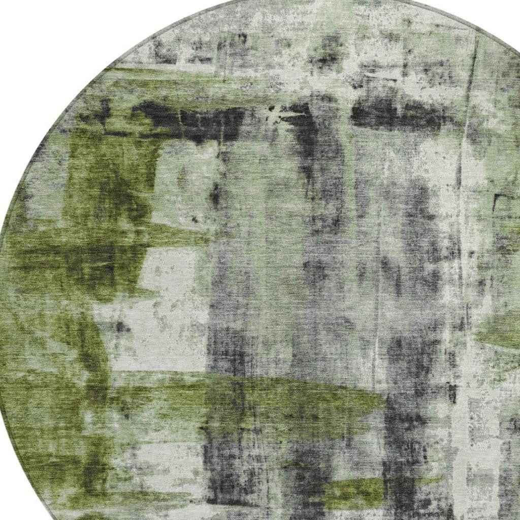 8' Olive Green And Ivory Round Abstract Washable Indoor Outdoor Area Rug