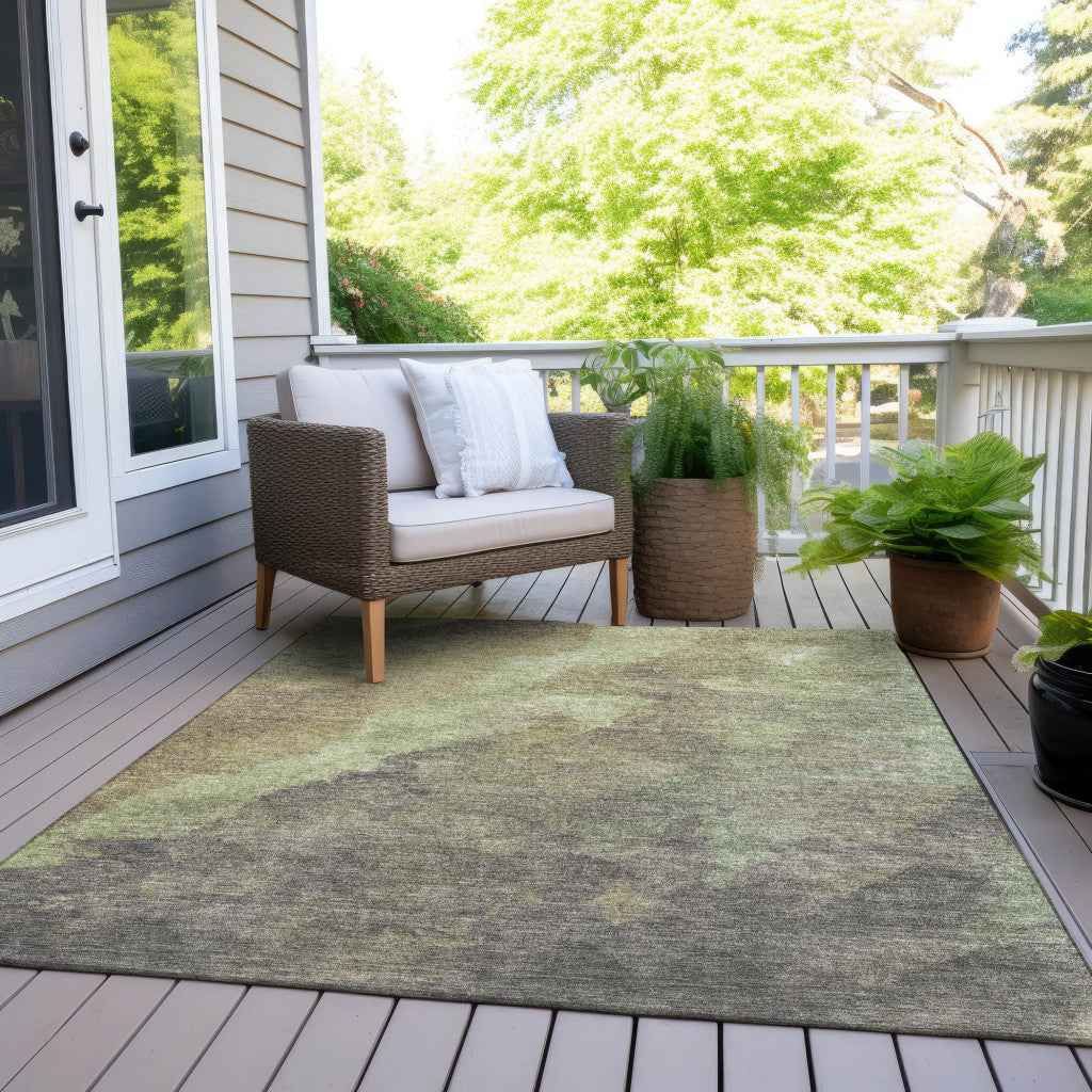 8' X 10' Artichoke Green And Taupe Abstract Washable Indoor Outdoor Area Rug