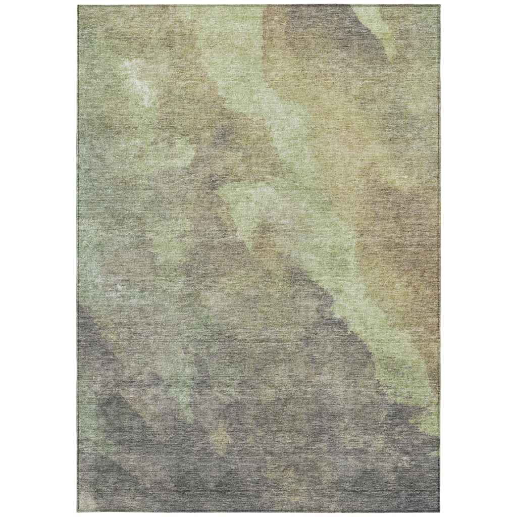 8' X 10' Artichoke Green And Taupe Abstract Washable Indoor Outdoor Area Rug