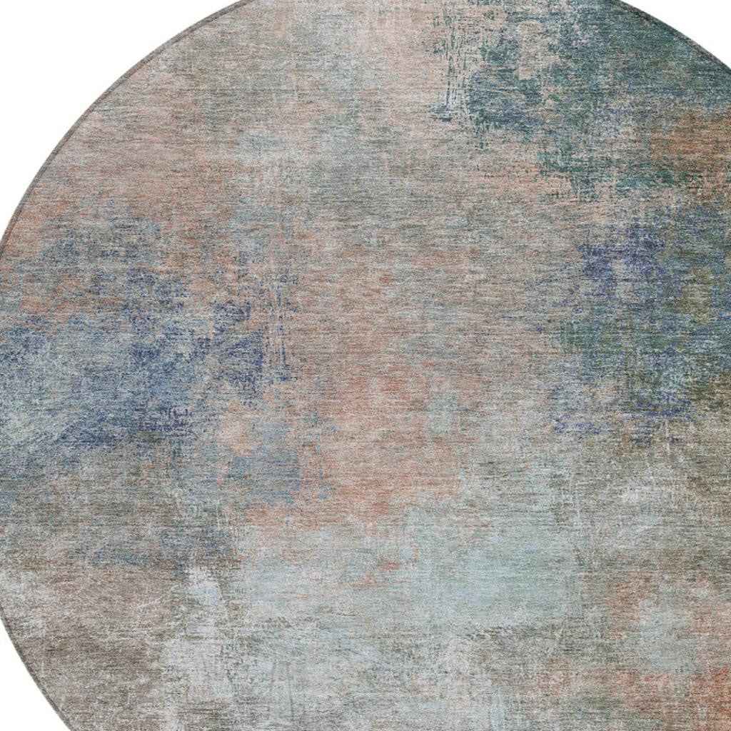 8' Copper And Navy Blue Round Abstract Washable Indoor Outdoor Area Rug