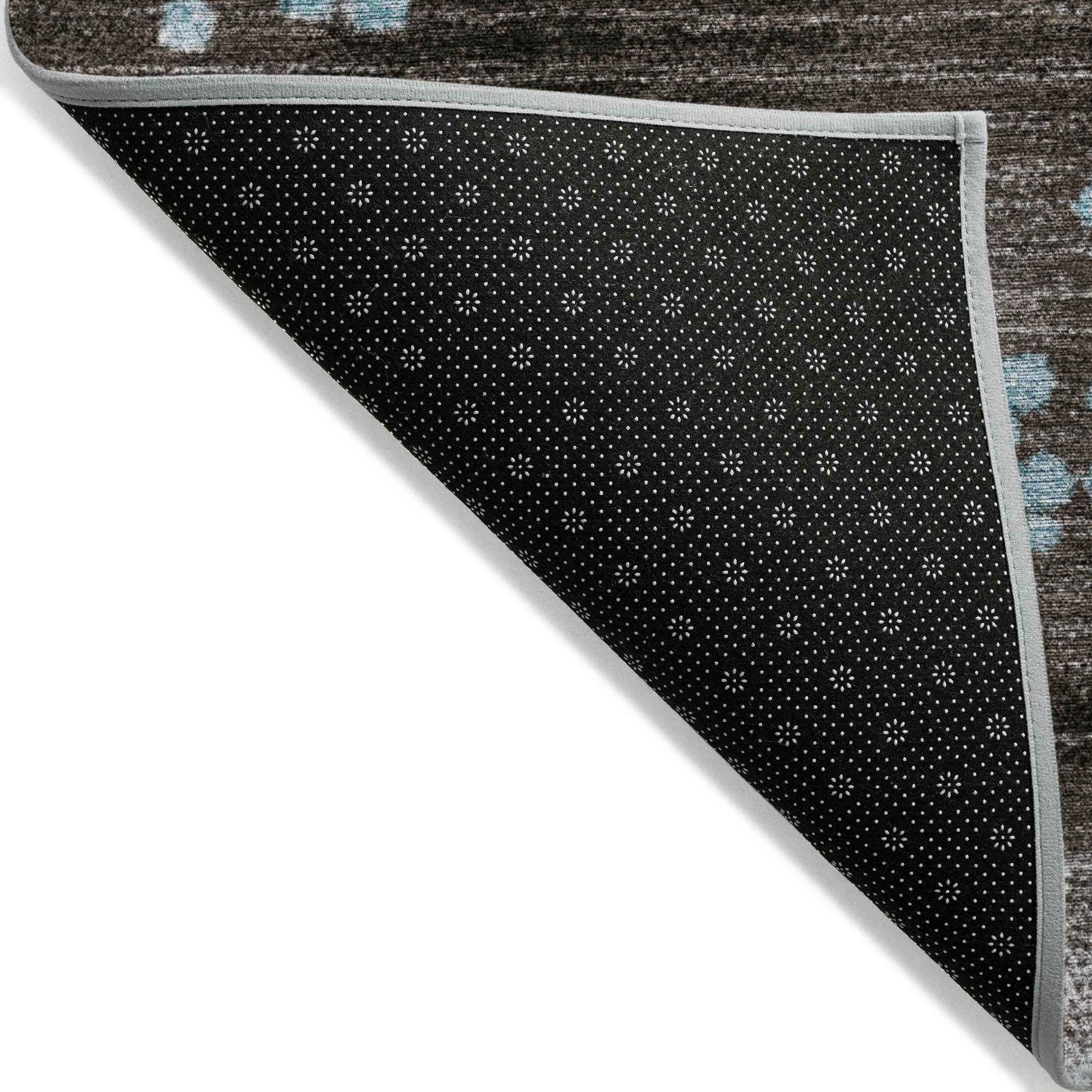 8' Teal Blue And Brown Round Geometric Washable Indoor Outdoor Area Rug