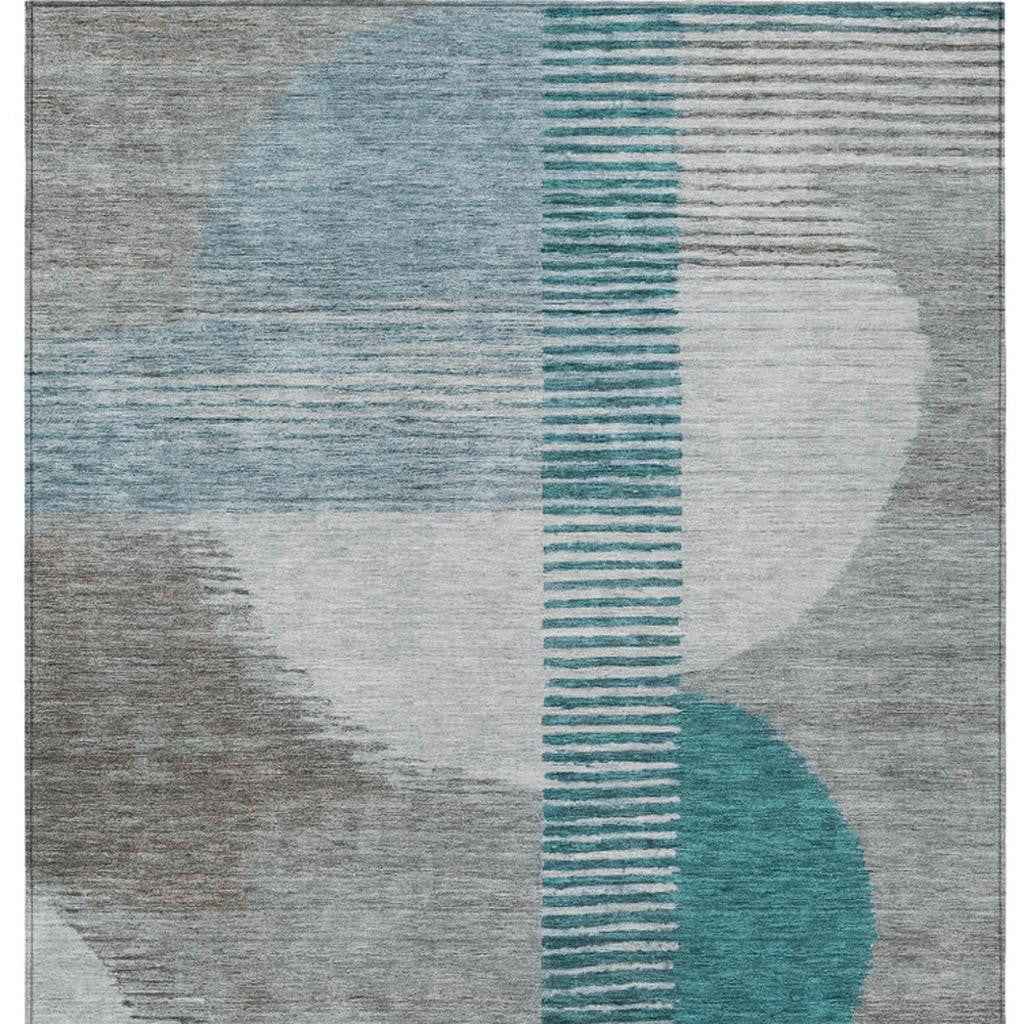 9' X 12' Teal Blue And Gray Geometric Washable Indoor Outdoor Area Rug