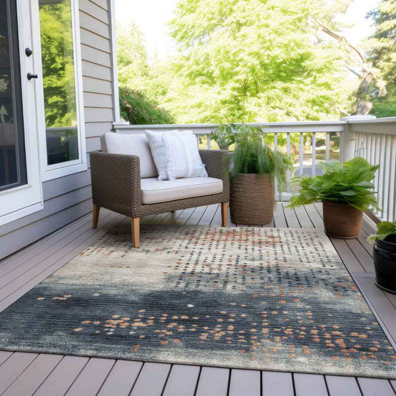 8' X 10' Linen And Navy Blue Geometric Washable Indoor Outdoor Area Rug