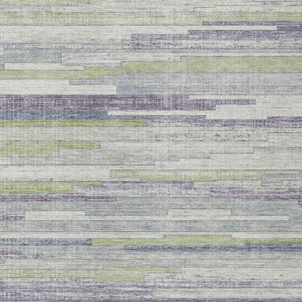 3' X 5' Artichoke Green And Plum Striped Washable Indoor Outdoor Area Rug