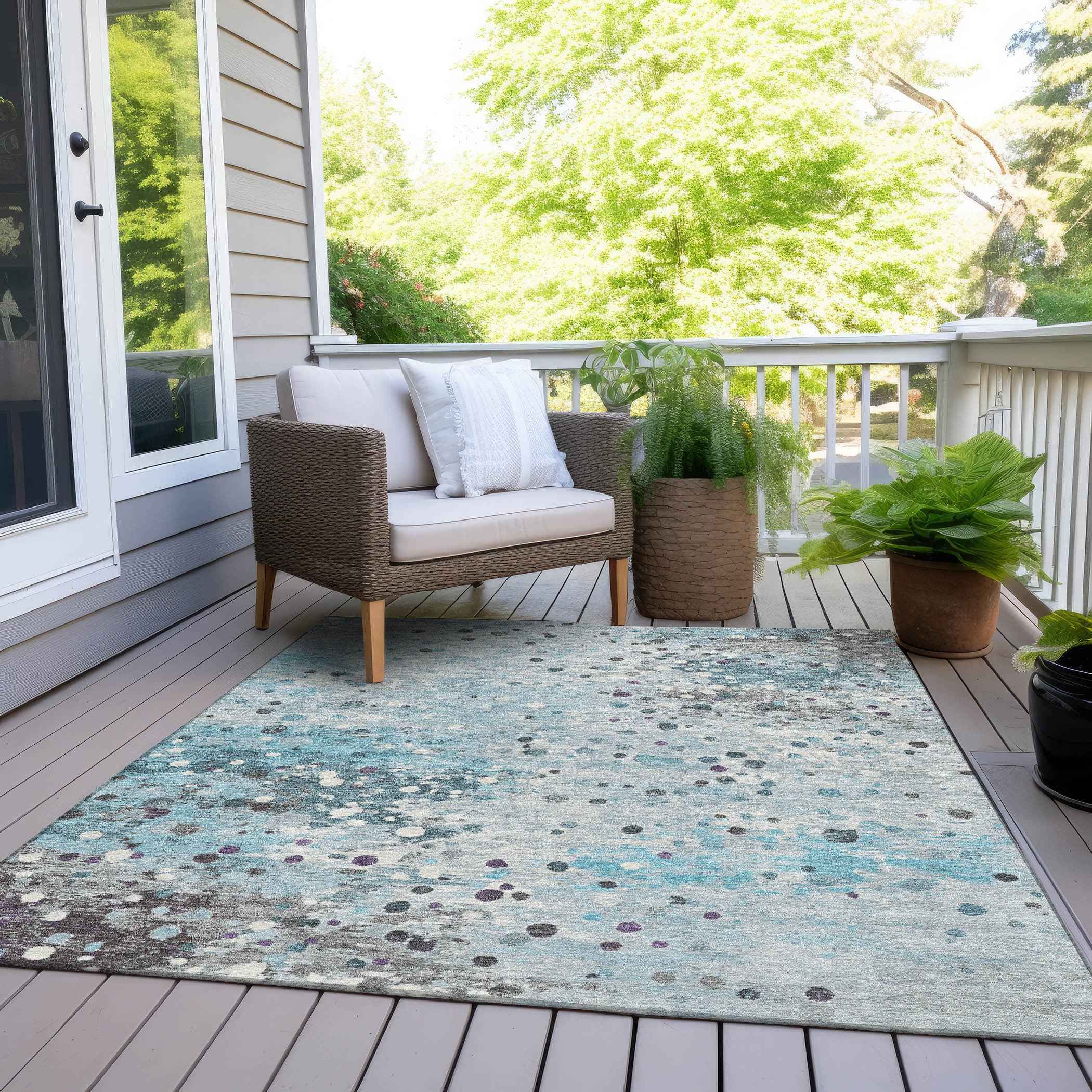 3' X 5' Teal Blue And Gray Abstract Washable Indoor Outdoor Area Rug