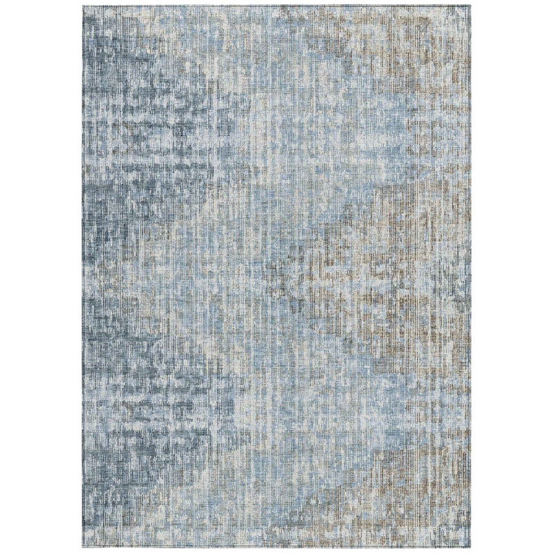 9' X 12' Denim Blue And Beige Geometric Washable Indoor Outdoor Area Rug