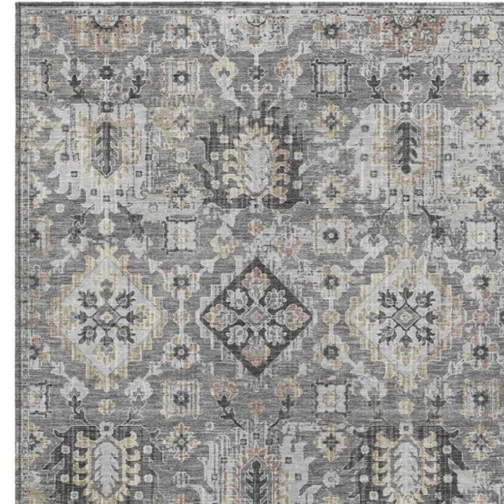 10' X 14' Gray And Copper Floral Medallion Washable Indoor Outdoor Area Rug