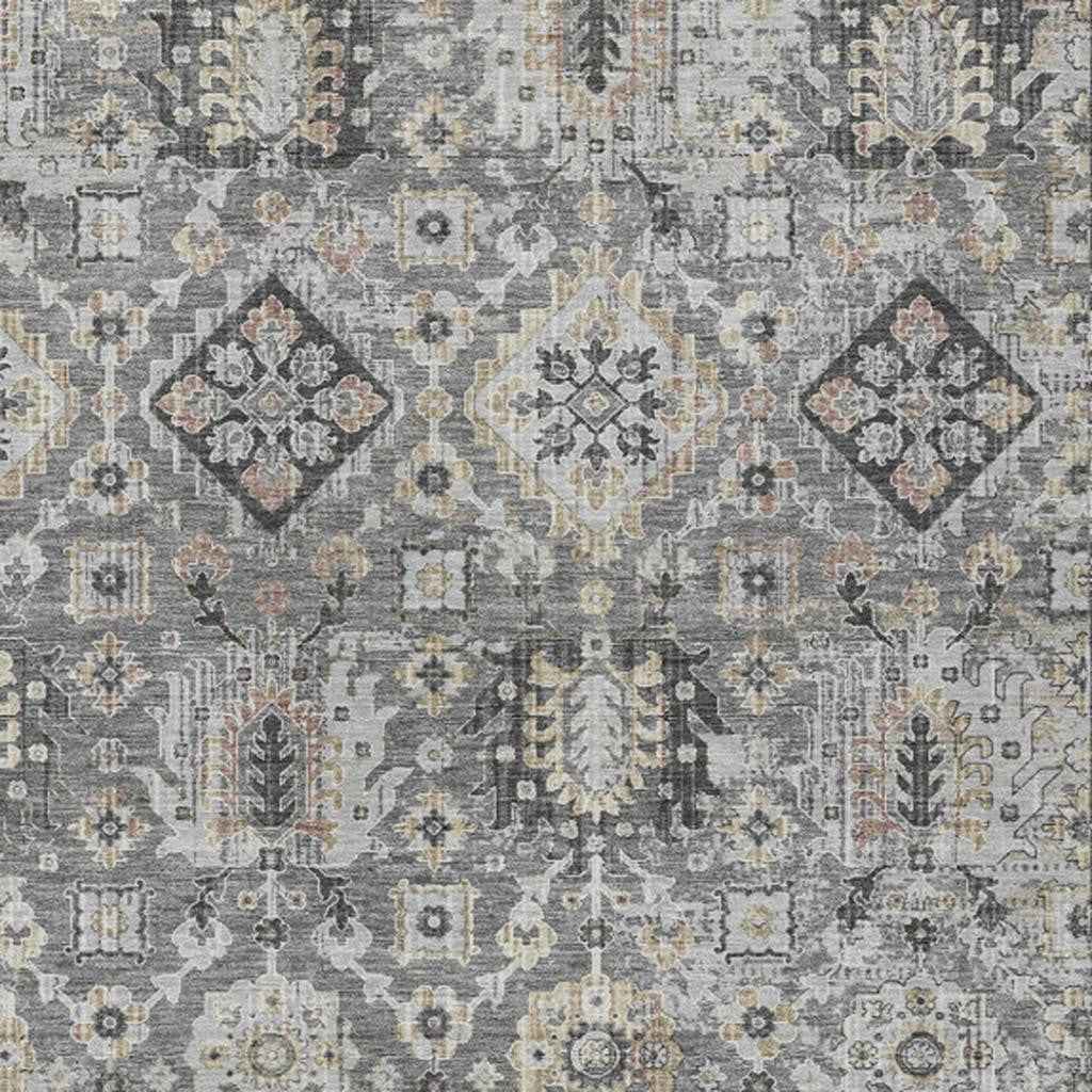 9' X 12' Gray And Copper Floral Medallion Washable Indoor Outdoor Area Rug