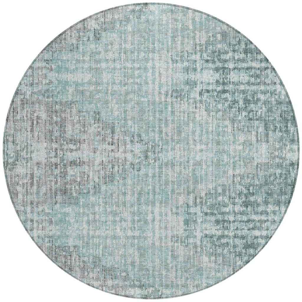 8' Teal Blue And Ivory Round Geometric Washable Indoor Outdoor Area Rug