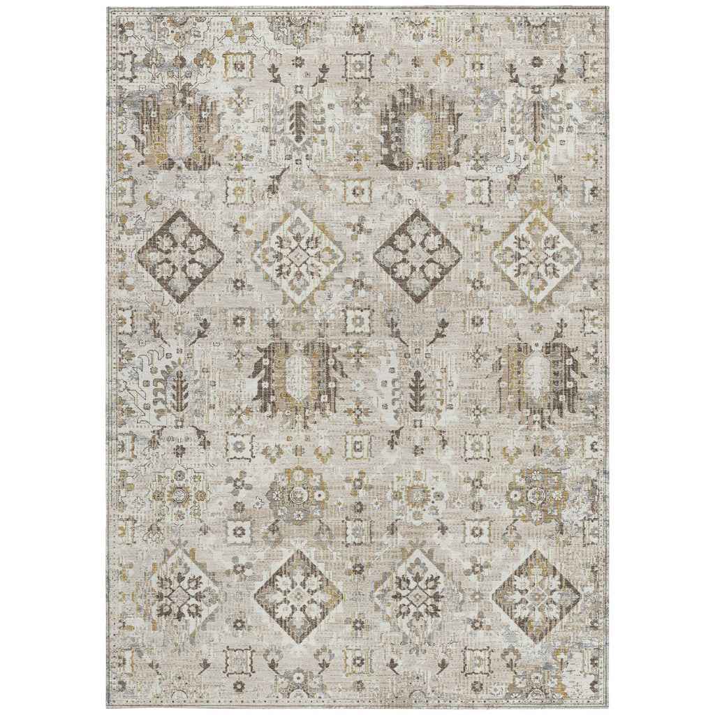 5' X 8' Linen And Ivory Floral Medallion Washable Indoor Outdoor Area Rug