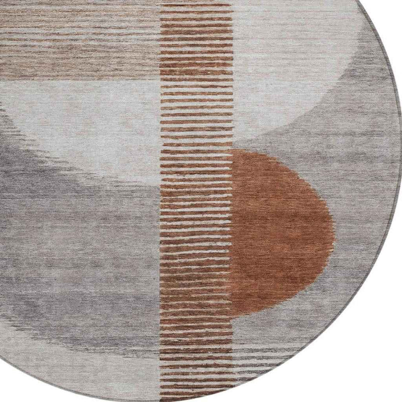 8' Taupe And Rust Round Geometric Washable Indoor Outdoor Area Rug