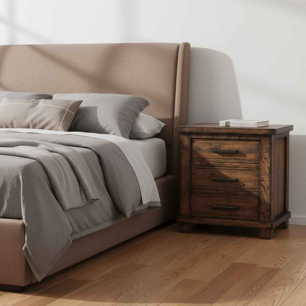 Set of Two 26" Walnut Solid Wood Distressed Three Drawer Nightstand