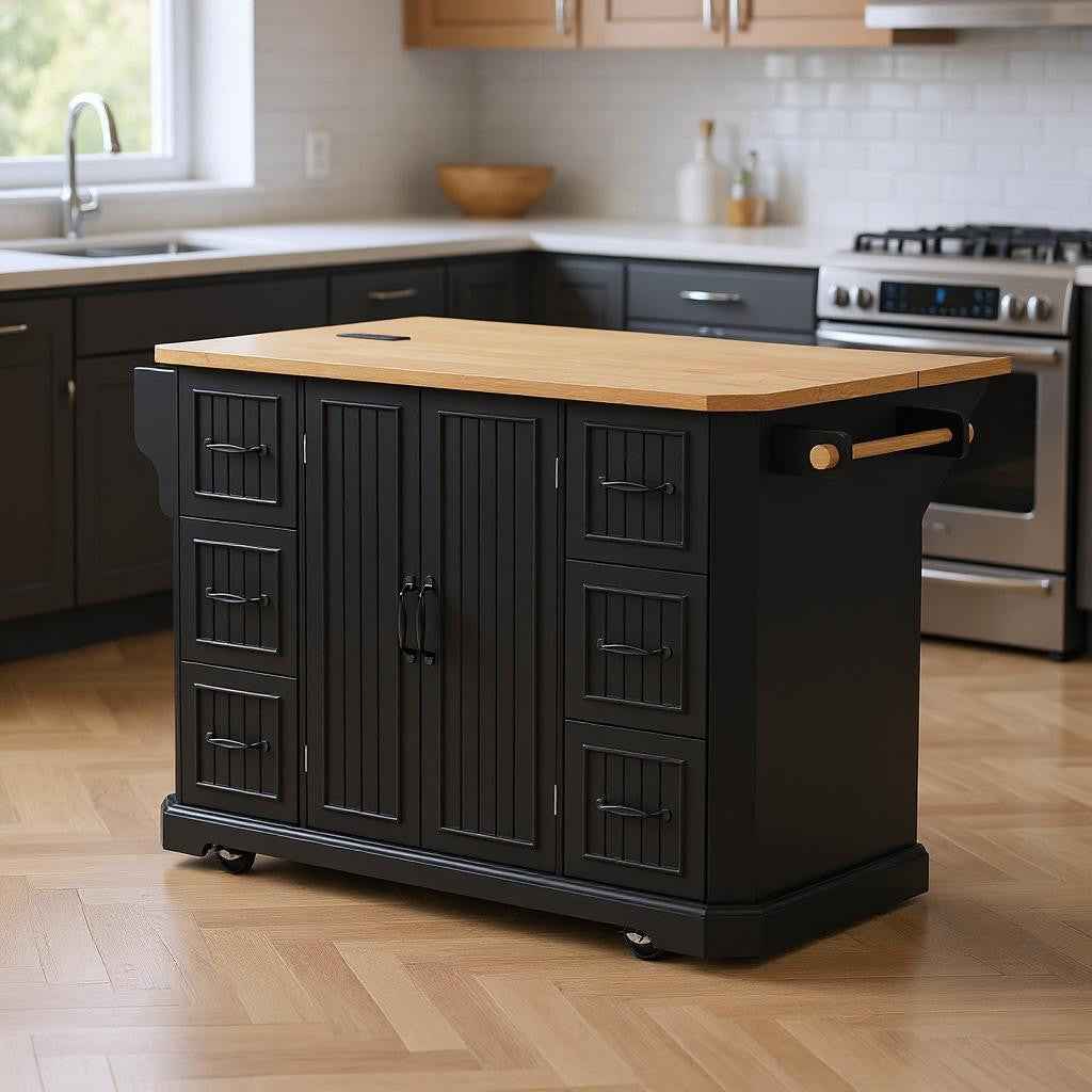 56" Black Wood Rolling Kitchen Island