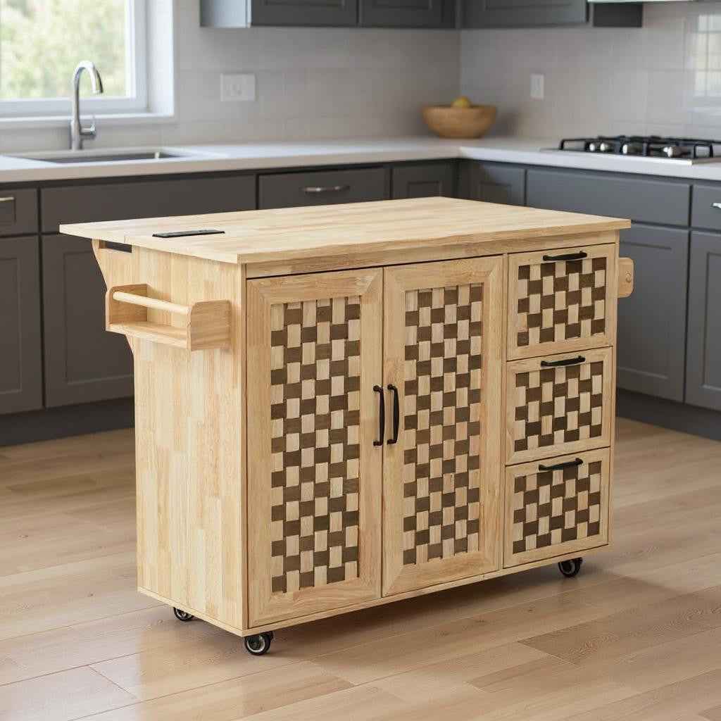 53" Natural Wood Rolling Kitchen Island