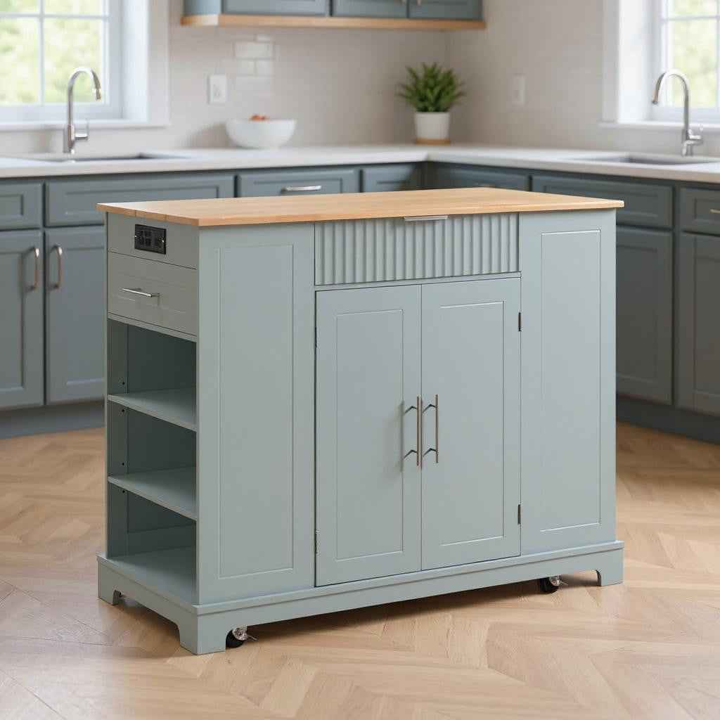 49" Light Blue Wood Rolling Kitchen Island With Storage