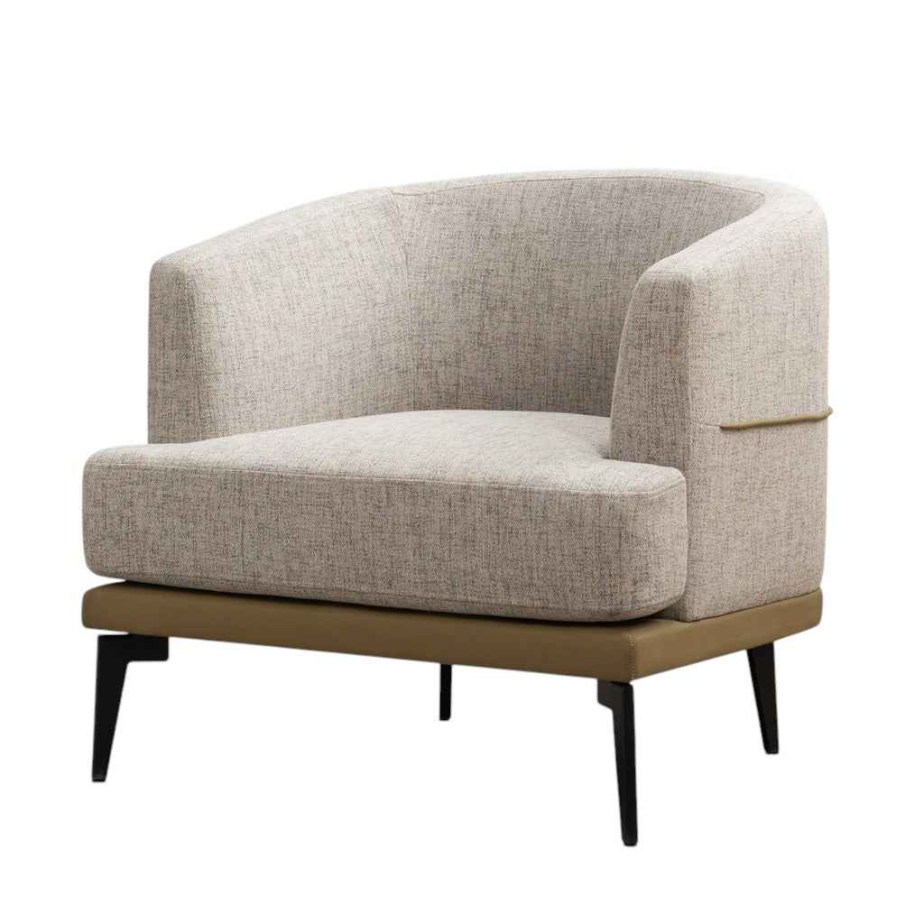 29" Beige Camel and Black Tufted Linen Solid and Manufactured Wood Barrel Chair