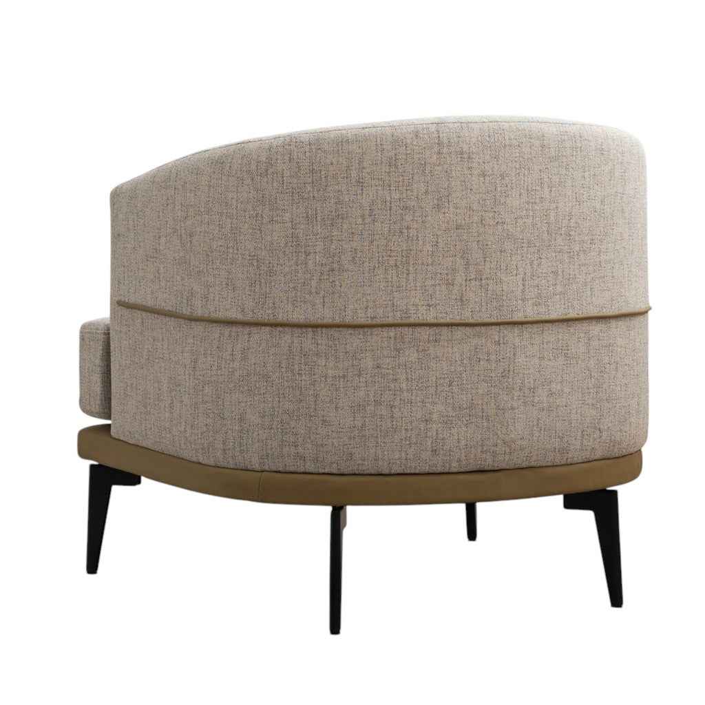 29" Beige Camel and Black Tufted Linen Solid and Manufactured Wood Barrel Chair