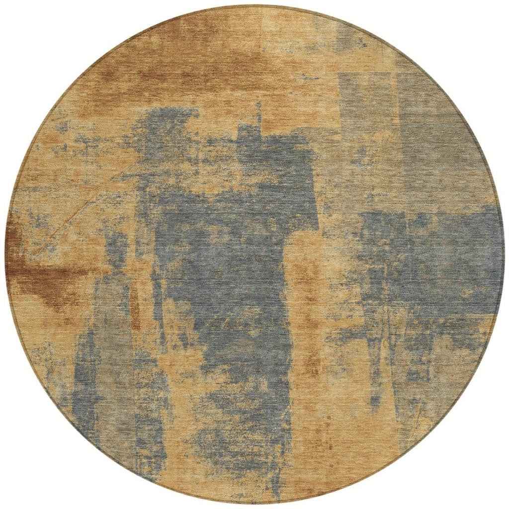 8' Gold And Charcoal Round Abstract Washable Indoor Outdoor Area Rug