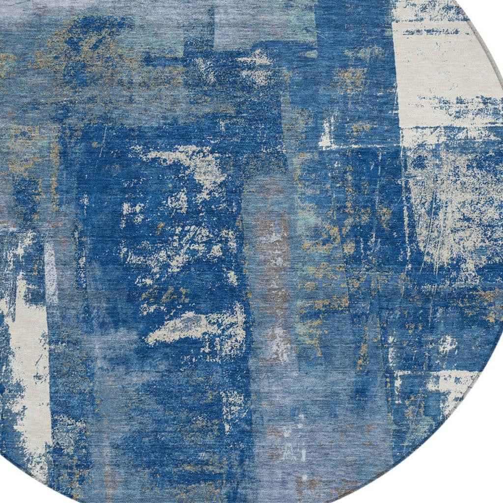 8' Navy Blue And Ivory Round Abstract Washable Indoor Outdoor Area Rug