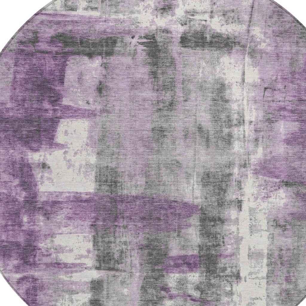 8' Purple And Ivory Round Abstract Washable Indoor Outdoor Area Rug