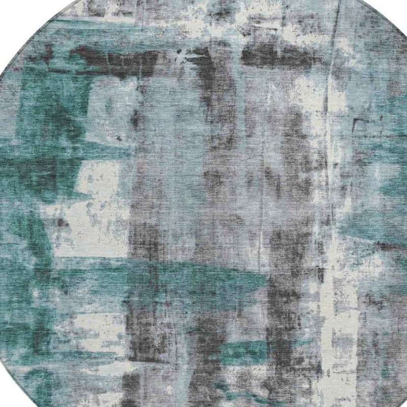 8' Teal Blue And Ivory Round Abstract Washable Indoor Outdoor Area Rug