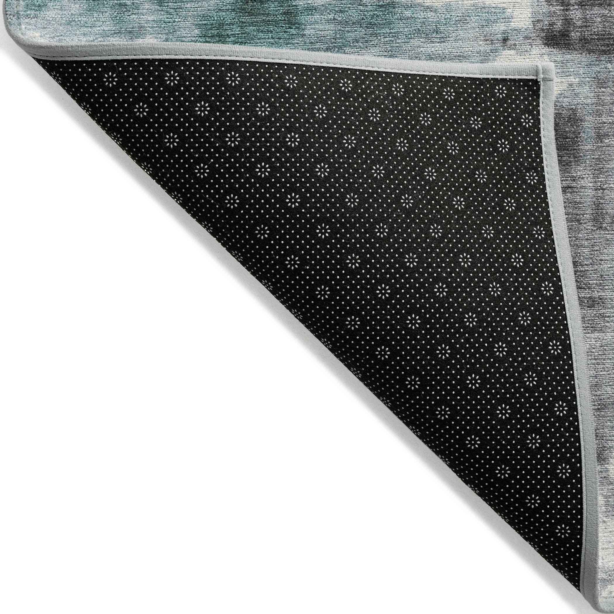 8' Teal Blue And Ivory Round Abstract Washable Indoor Outdoor Area Rug