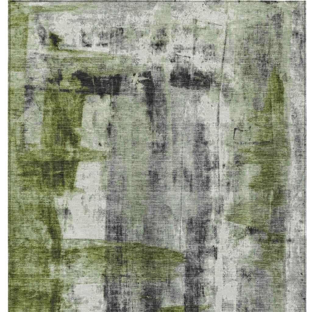 5' X 8' Olive Green And Ivory Abstract Washable Indoor Outdoor Area Rug