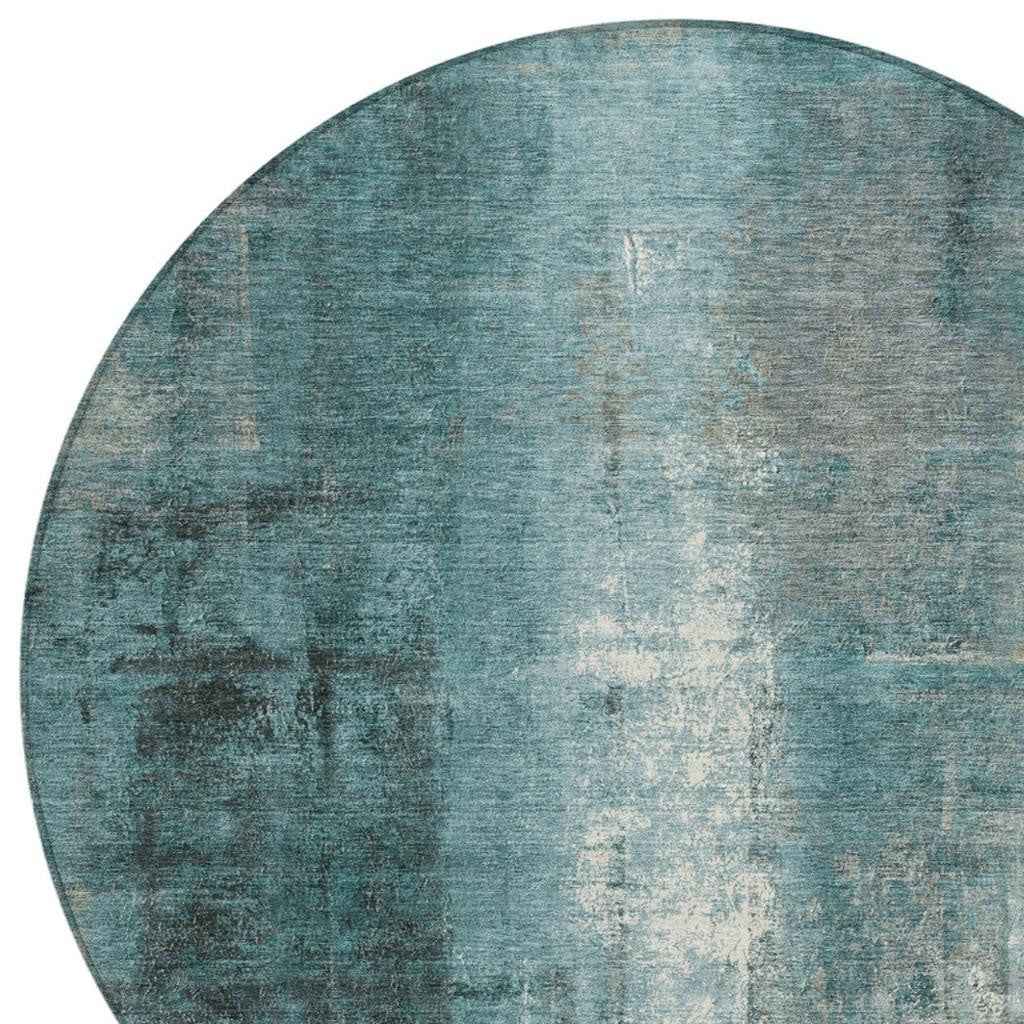 8' Teal Blue And Ivory Round Abstract Washable Indoor Outdoor Area Rug