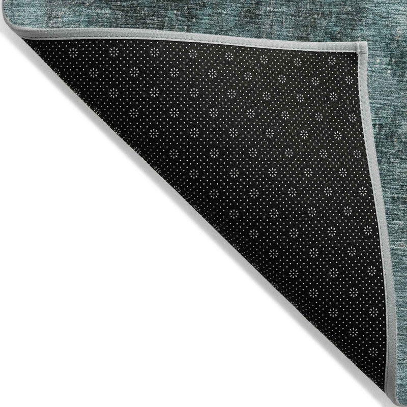 8' Teal Blue And Ivory Round Abstract Washable Indoor Outdoor Area Rug