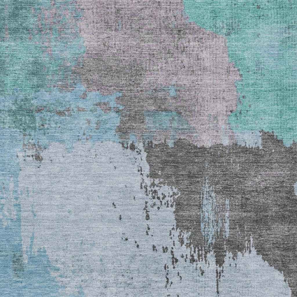 3' X 5' Teal Blue Aqua And Taupe Abstract Washable Indoor Outdoor Area Rug