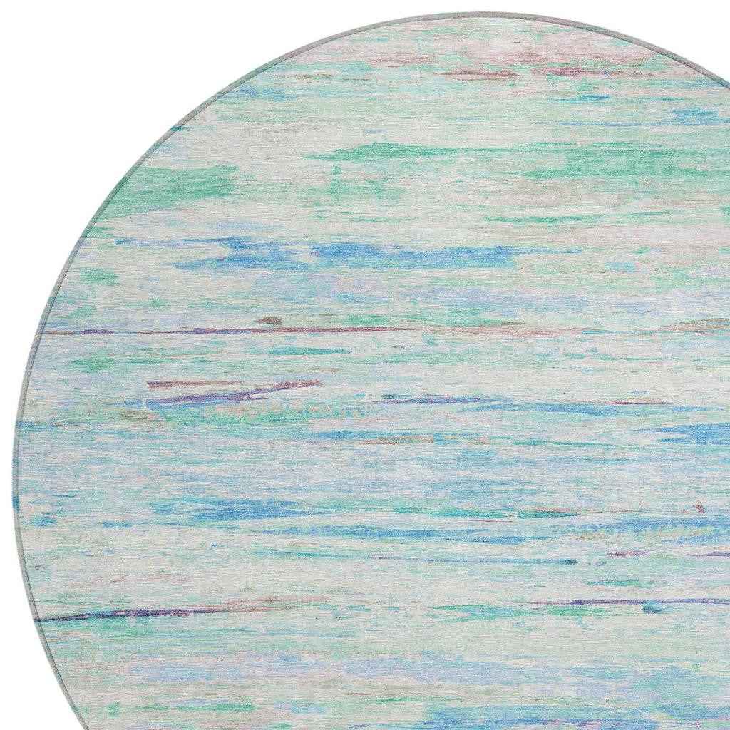 8' Teal Blue And Ivory Round Abstract Washable Indoor Outdoor Area Rug