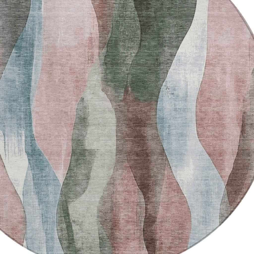 8' Salmon And Denim Blue Round Abstract Washable Indoor Outdoor Area Rug