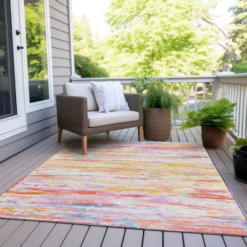 10' X 14' Coral And Yellow Abstract Washable Indoor Outdoor Area Rug
