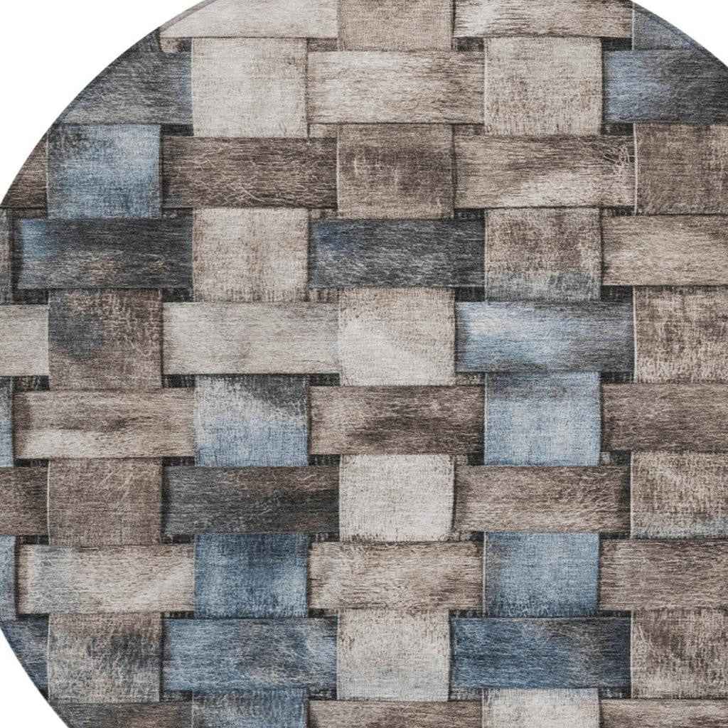 8' Taupe And Denim Blue Round Striped Washable Indoor Outdoor Area Rug