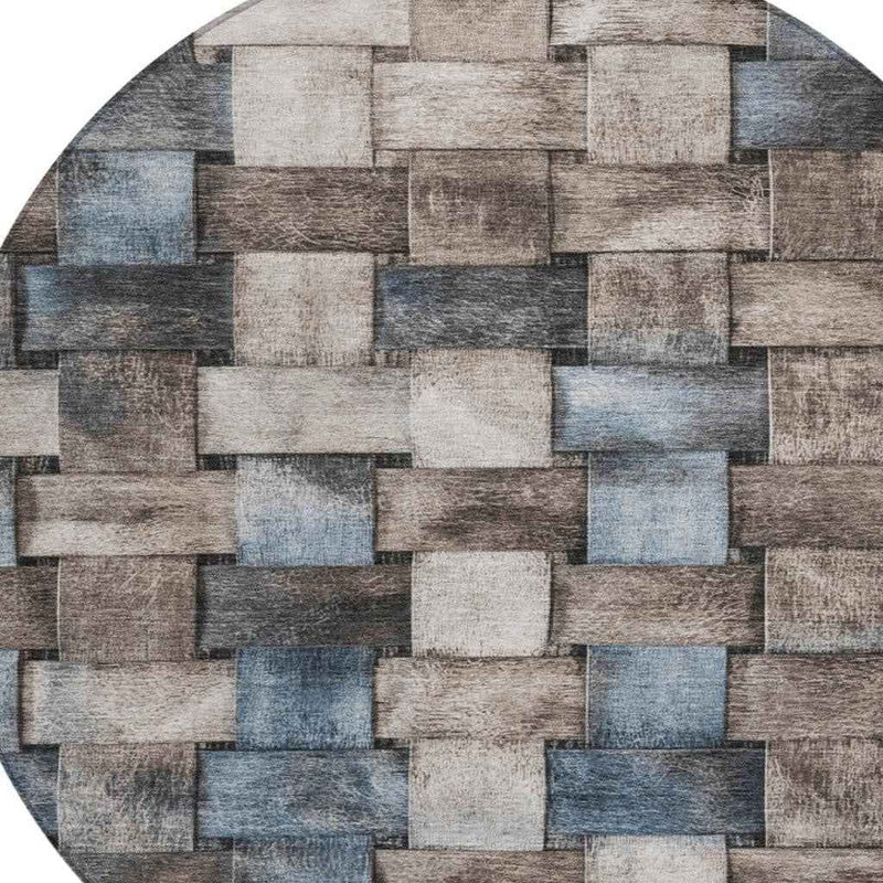 8' Taupe And Denim Blue Round Striped Washable Indoor Outdoor Area Rug