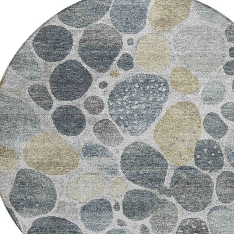 8' Pewter Beige And Ivory Round Geometric Washable Indoor Outdoor Area Rug