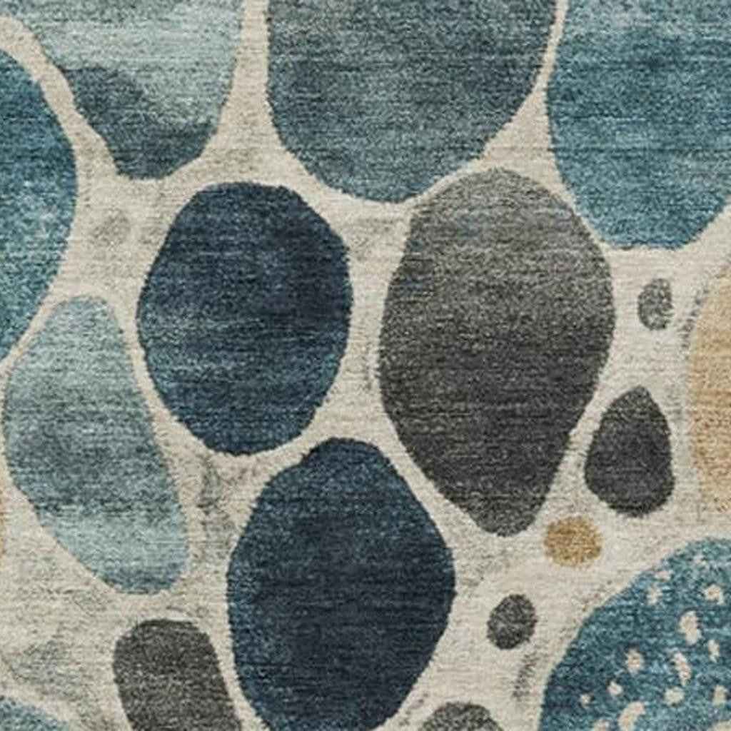 5' X 8' Teal Blue Beige And Ivory Geometric Washable Indoor Outdoor Area Rug