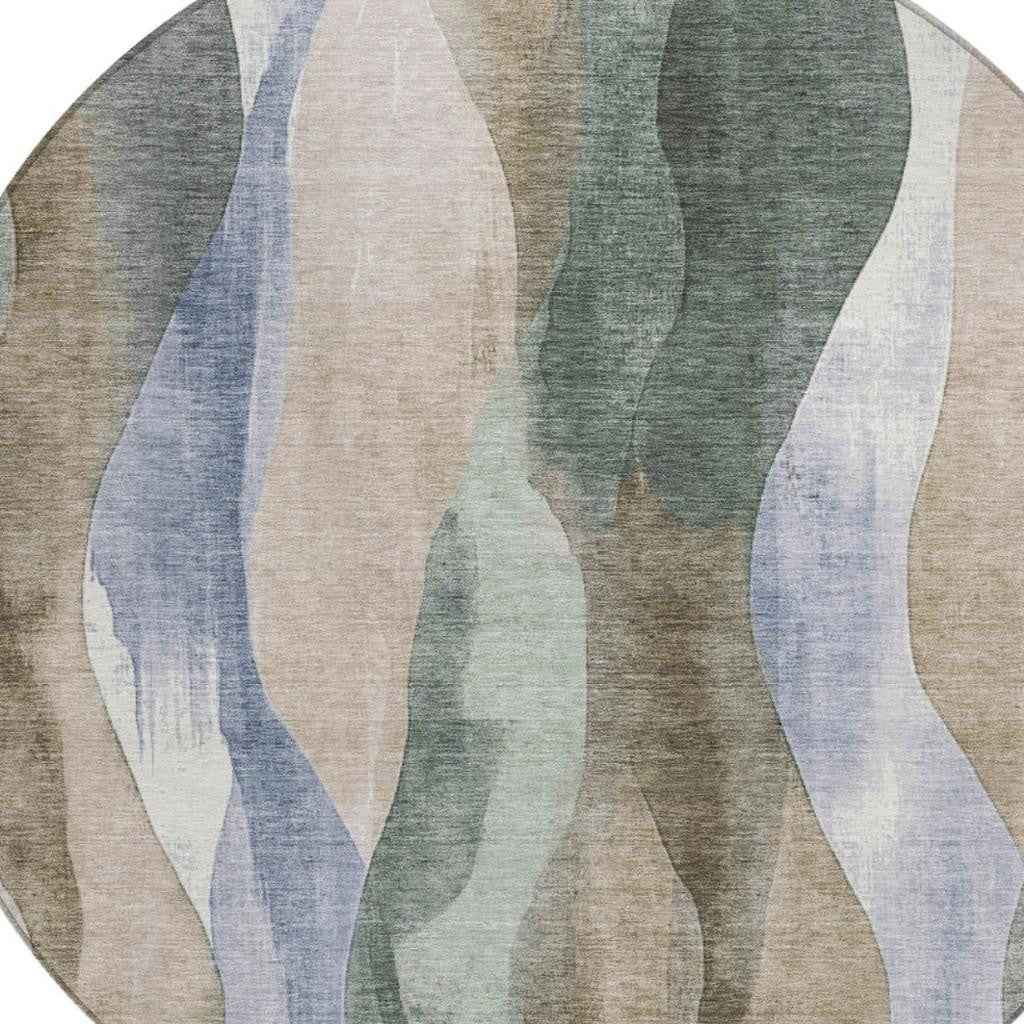 8' Beige And Denim Blue Round Abstract Washable Indoor Outdoor Area Rug
