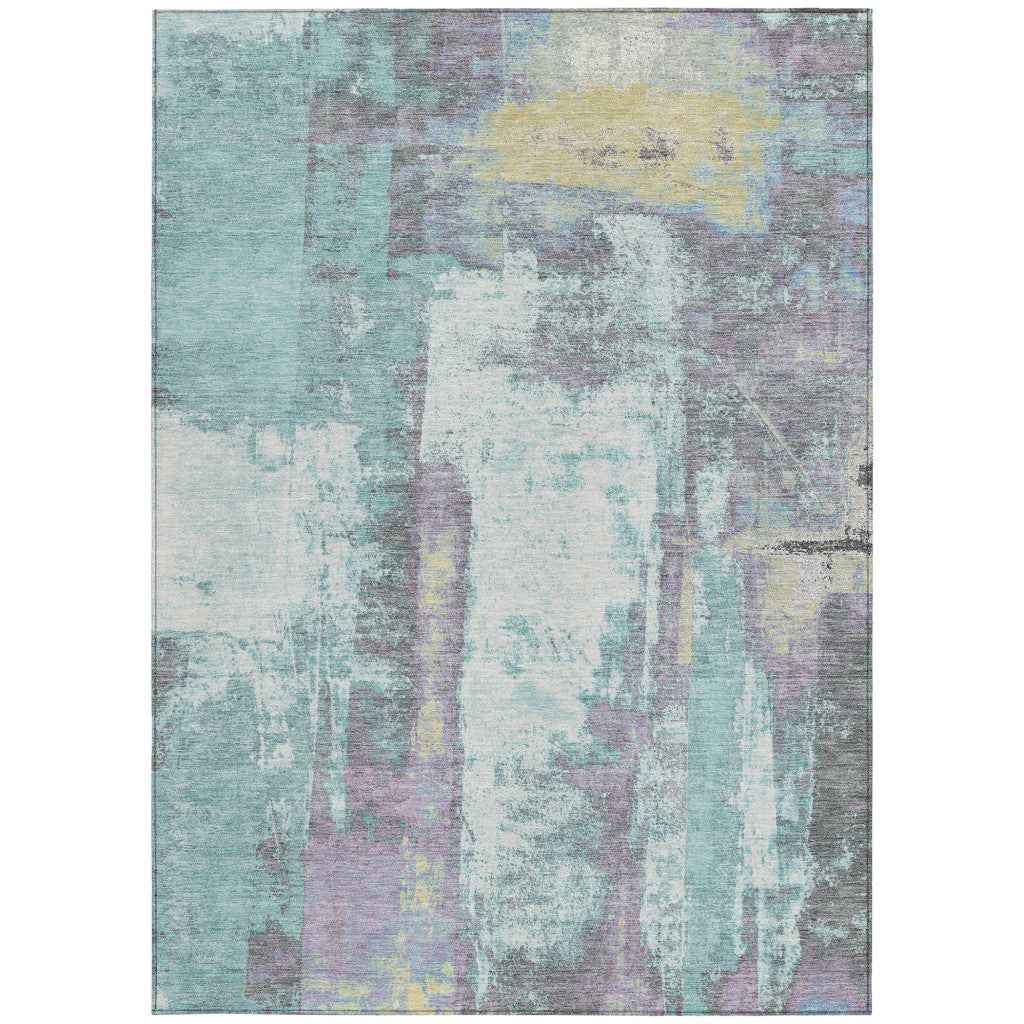 8' X 10' Teal Blue And Ivory Abstract Washable Indoor Outdoor Area Rug