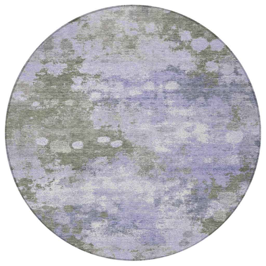 8' Lavender And Taupe Round Abstract Washable Indoor Outdoor Area Rug