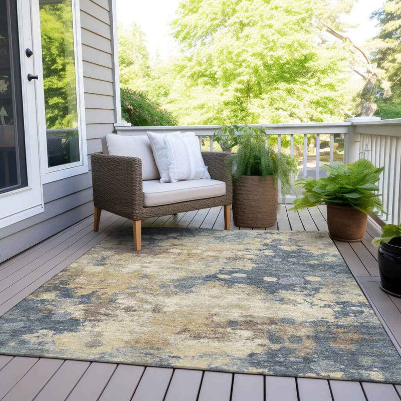 10' X 14' Gold And Beige Abstract Washable Indoor Outdoor Area Rug