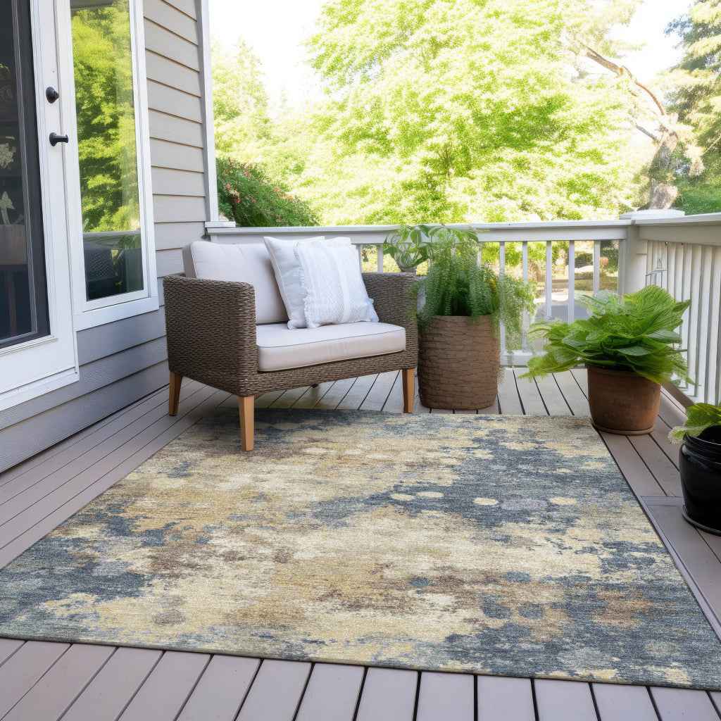 8' X 10' Gold And Beige Abstract Washable Indoor Outdoor Area Rug