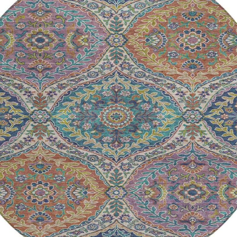 8' Blue Copper And Gold Round Floral Washable Indoor Outdoor Area Rug