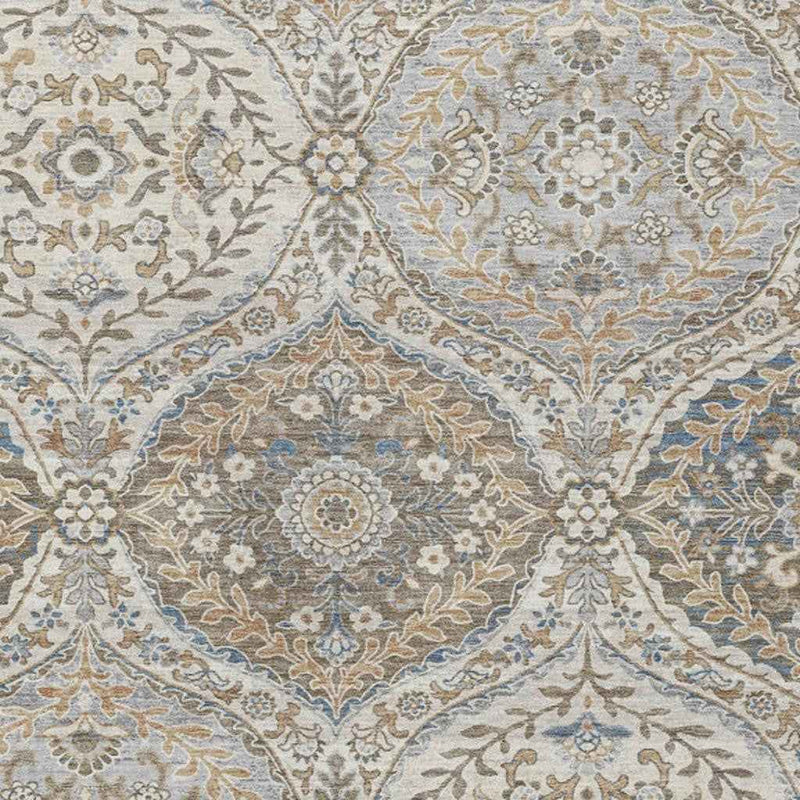 5' X 8' Beige Gold And Denim Blue Floral Washable Indoor Outdoor Area Rug