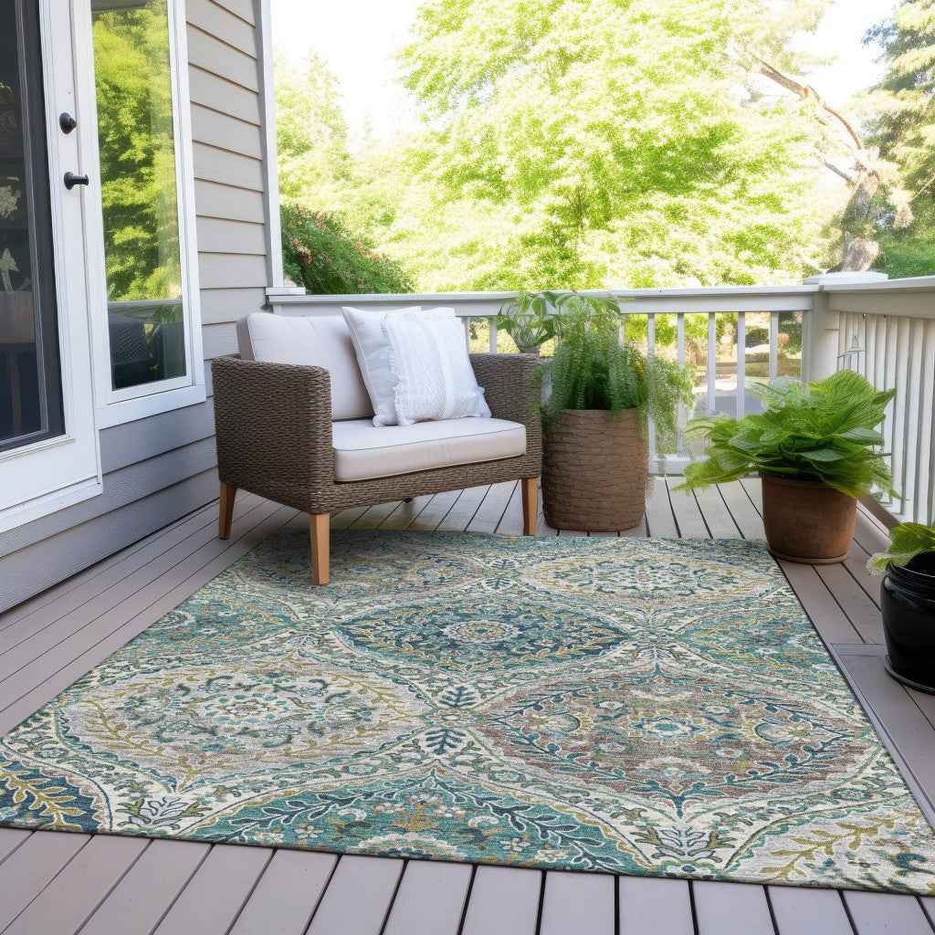 8' X 10' Teal Blue Fern Green And Beige Floral Washable Indoor Outdoor Area Rug