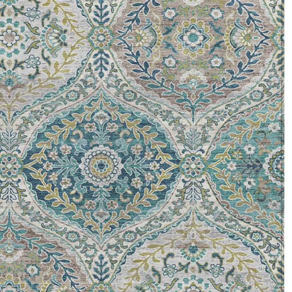 8' X 10' Teal Blue Fern Green And Beige Floral Washable Indoor Outdoor Area Rug