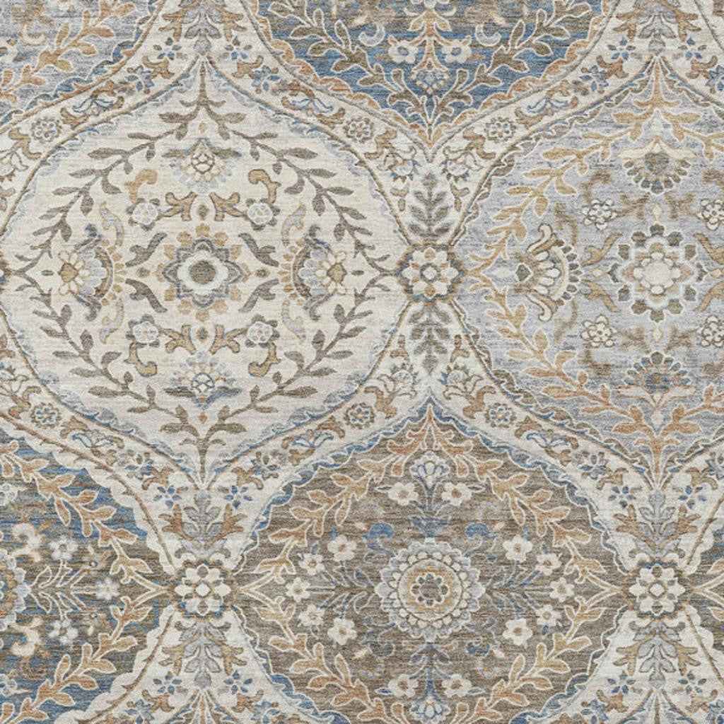 10' X 14' Beige Gold And Denim Blue Floral Washable Indoor Outdoor Area Rug