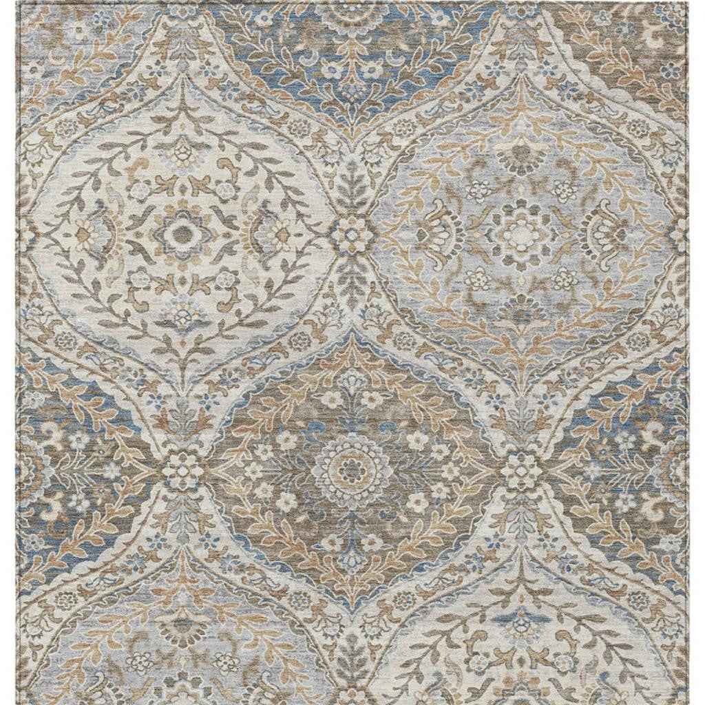 10' X 14' Beige Gold And Denim Blue Floral Washable Indoor Outdoor Area Rug