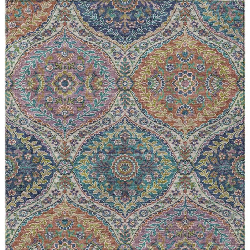 8' X 10' Blue Copper And Gold Floral Washable Indoor Outdoor Area Rug